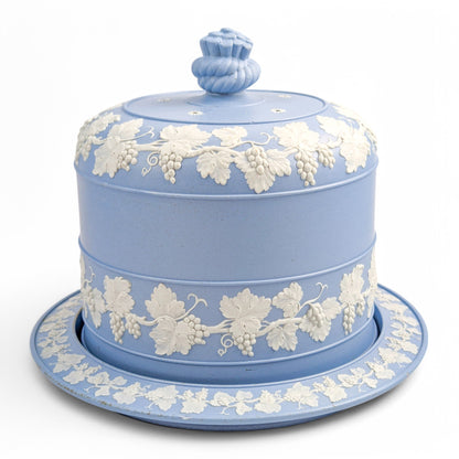 Antique English Wedgwood style blue jasperware cheese dome and stand with grapevine decoration, 19th century