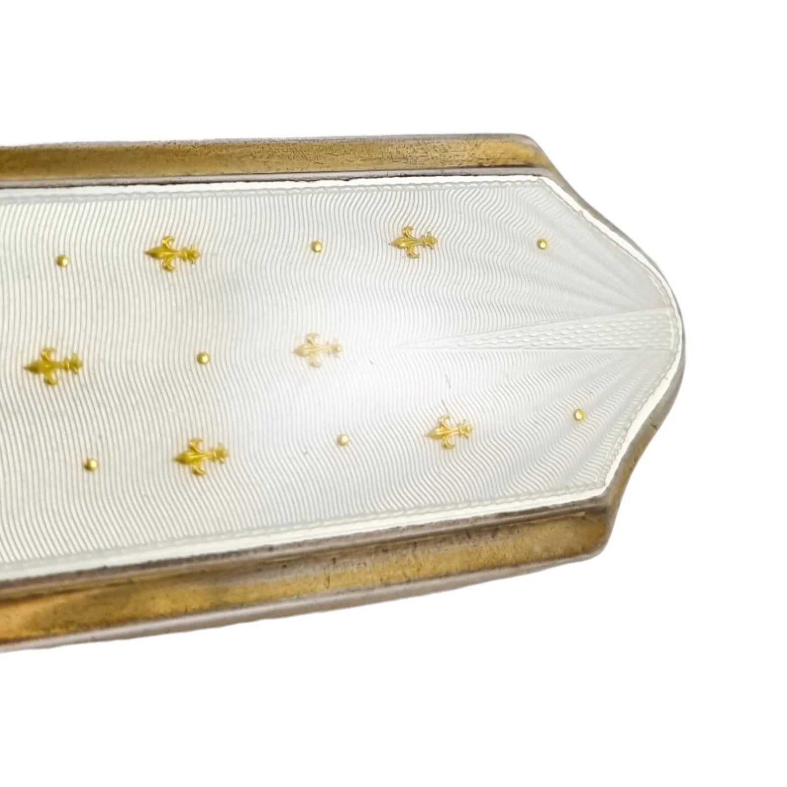Garrard & Co gilded silver white guilloché enamel clothes brush with gold fleur-de-lis
