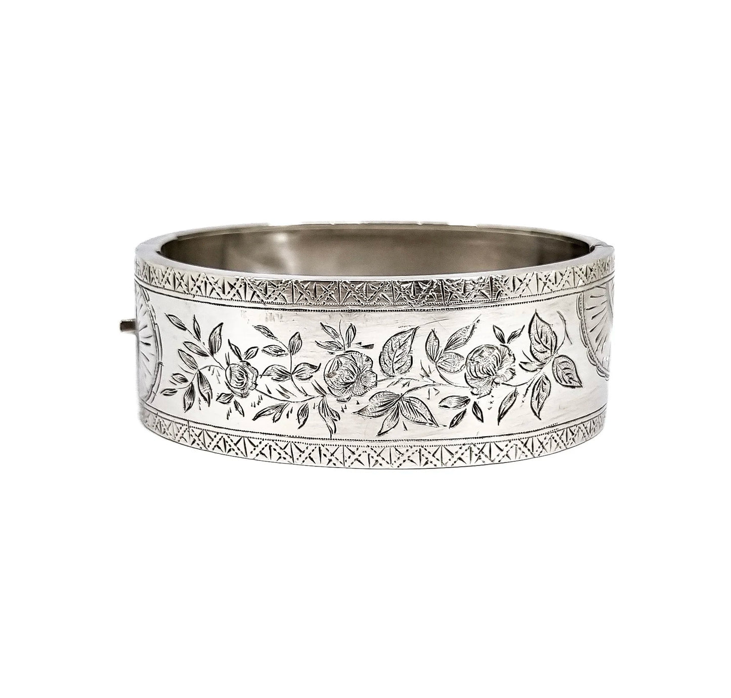 Large Victorian sterling silver Aesthetic cuff bangle / wide bracelet engraved with roses