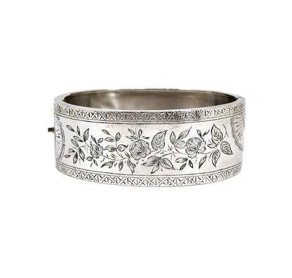 Large Victorian sterling silver Aesthetic cuff bangle / wide bracelet engraved with roses