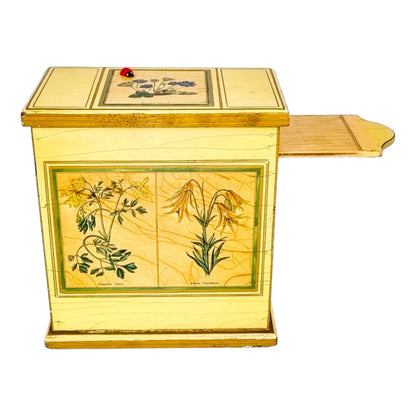 Georgian style rustic painted yellow wood storage box with pull out tray and ladybird