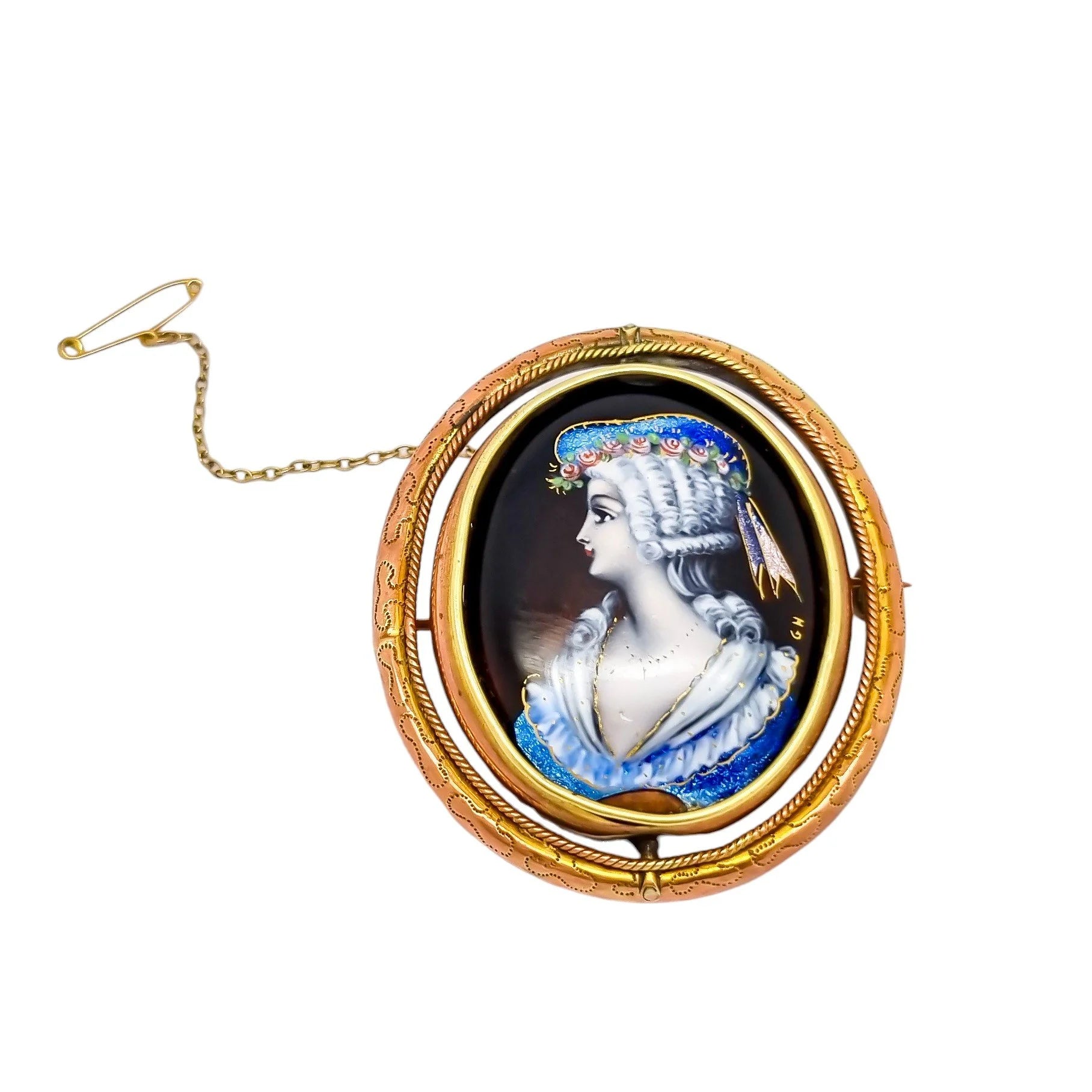 Antique large Limoges enamel Email d'Art portrait of lady swivel brooch signed "GH"