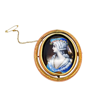 Antique large Limoges enamel Email d'Art portrait of lady swivel brooch signed "GH"
