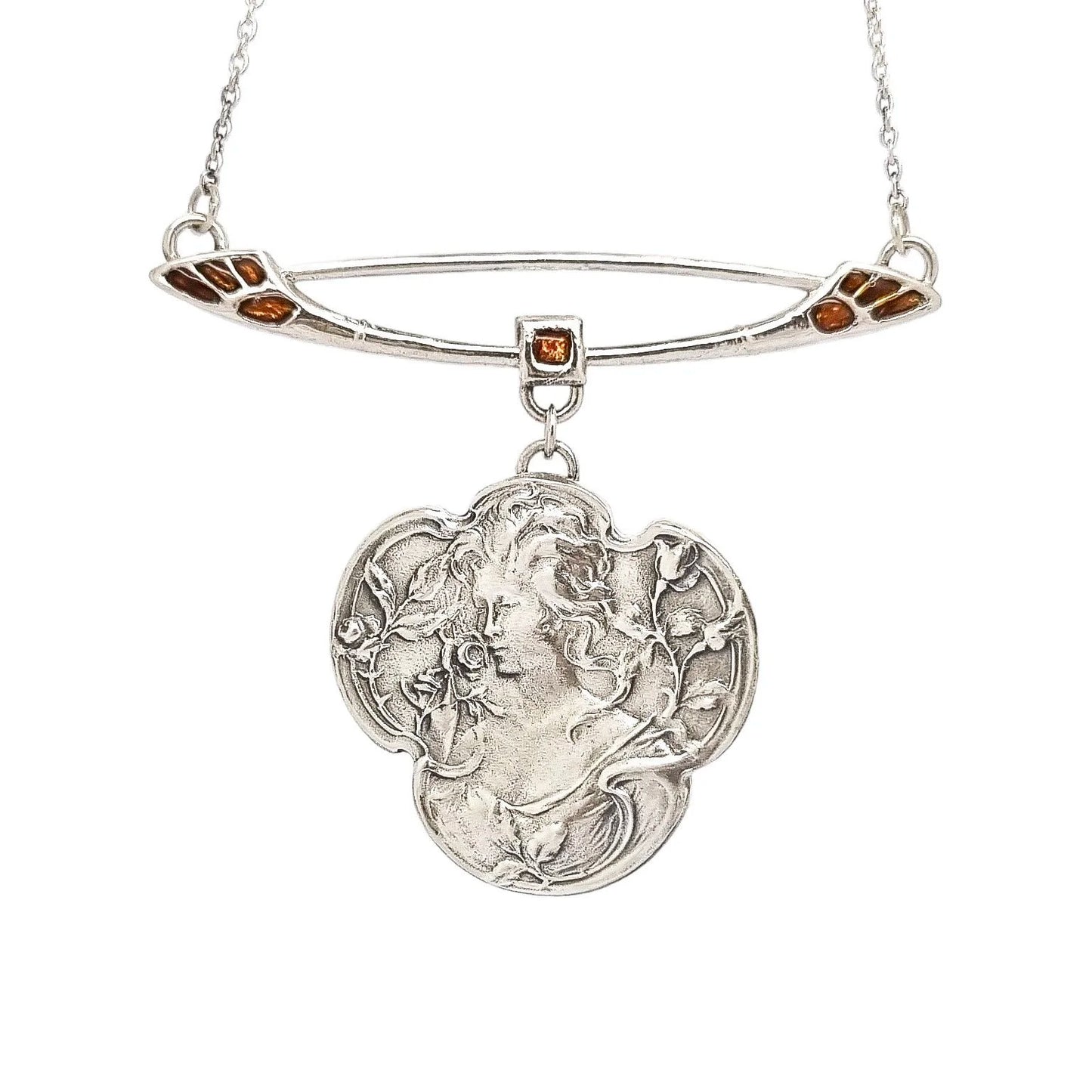 Art Nouveau sterling silver young woman / maiden enamel pendant necklace