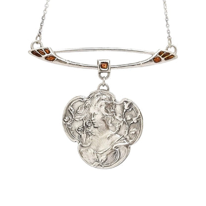 Art Nouveau sterling silver young woman / maiden enamel pendant necklace