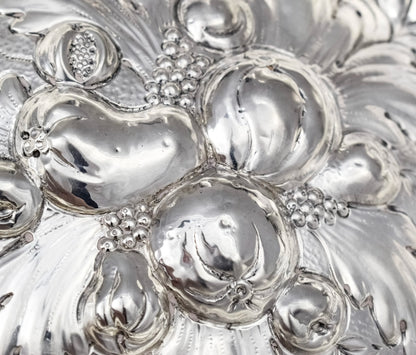 Georgian sterling silver lobed embossed fruit bowl with flying dog handles
