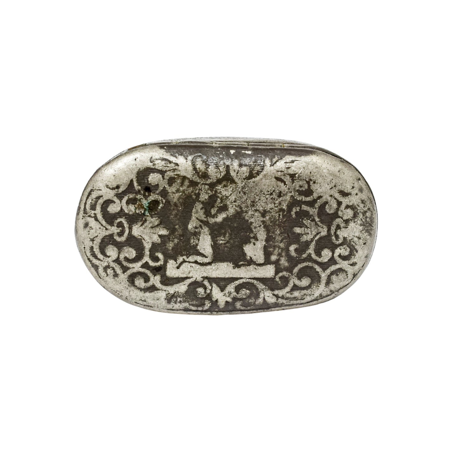 18th century Continental pewter snuff box engraved with scrolls and figures