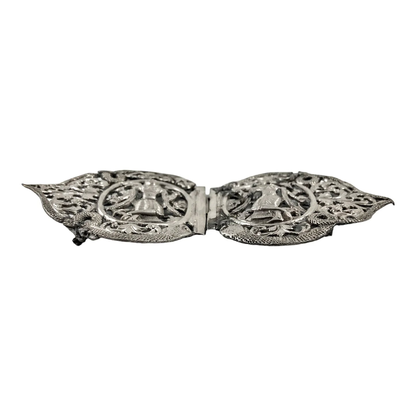 Indian / Burmese Colonial silver belt buckle with deities, snakes and foliage