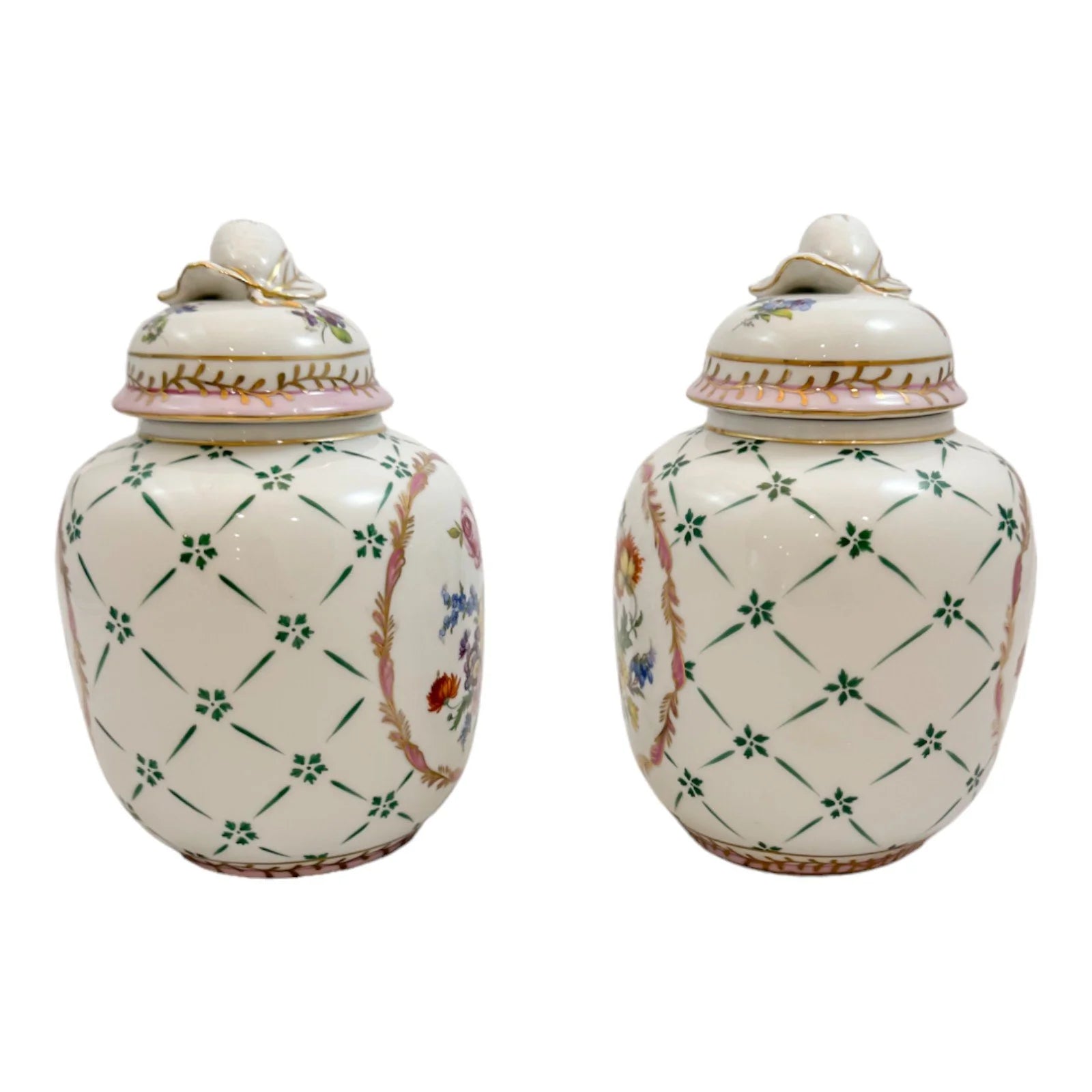 Pair of Royal Europe porcelain ginger jars with moulded lids and hand-painted with flowers