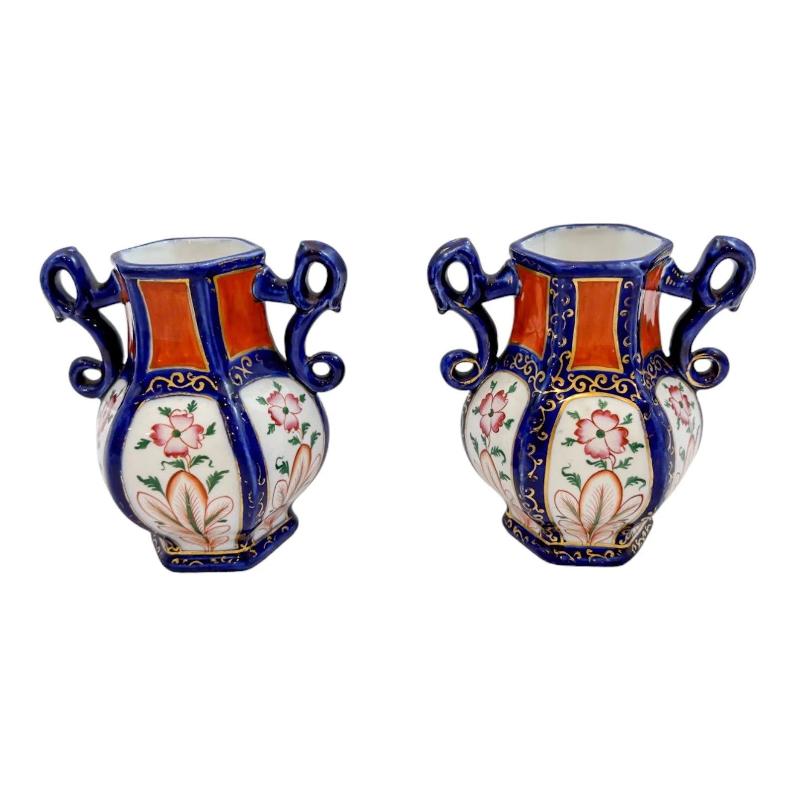 Georgian pair Mason's Ironstone pottery double handled baluster octagonal vases