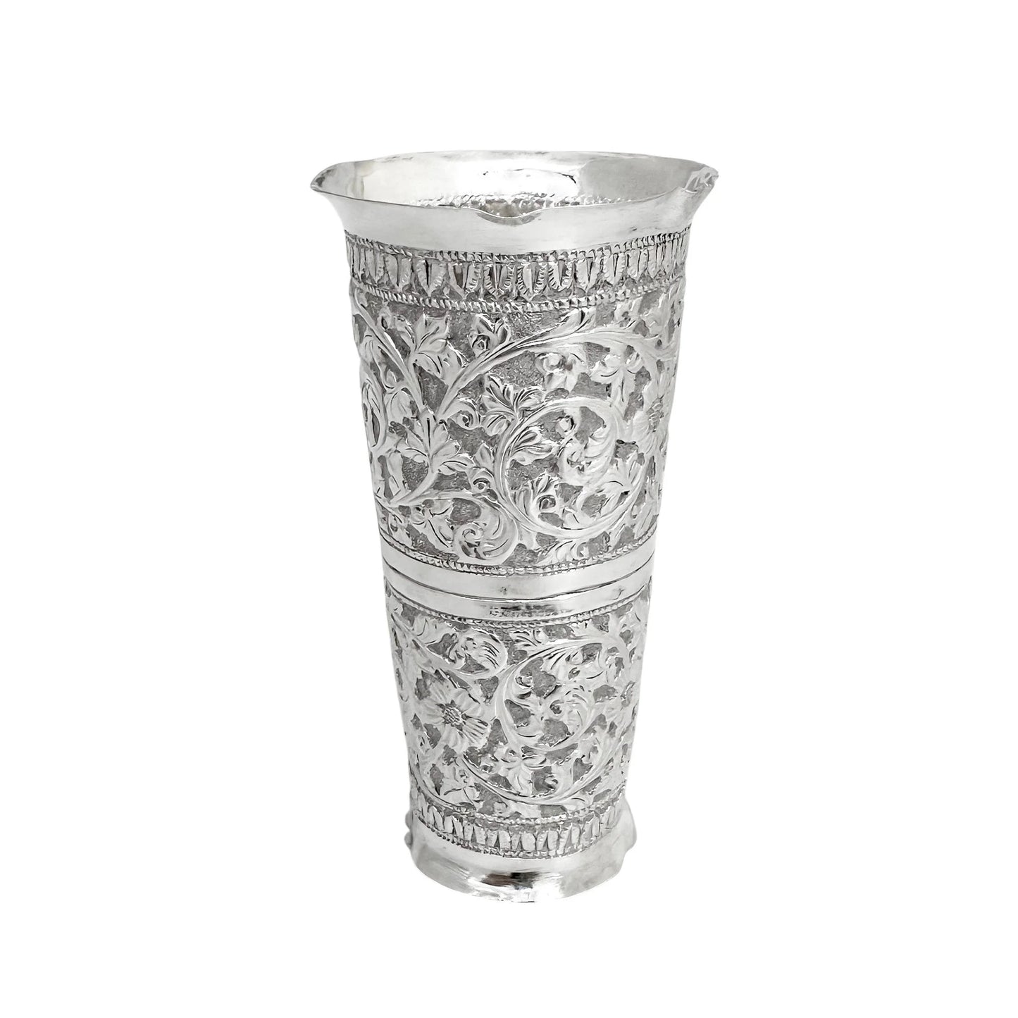 Indian Kutch silver double spirit measure cup with snake handle and flower embossing