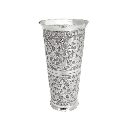 Indian Kutch silver double spirit measure cup with snake handle and flower embossing