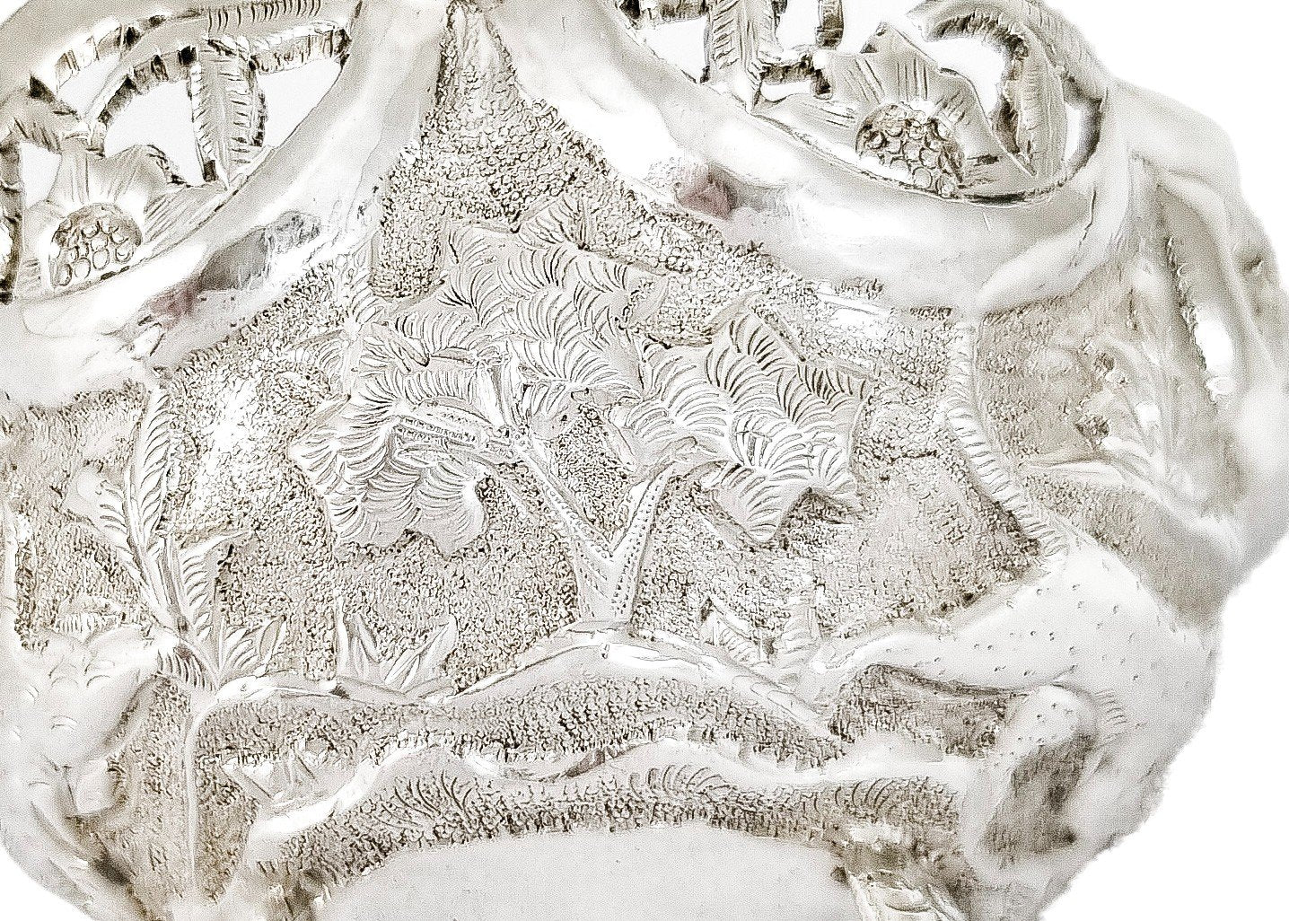 1890's Indian Calcutta silver figural bowl with embossed animal scenes