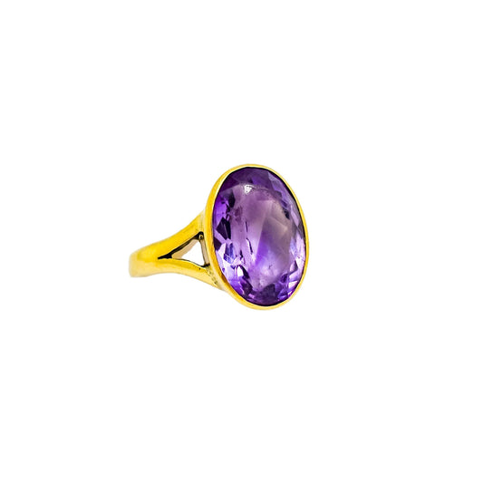Vintage 6.4ct amethyst solitaire cocktail ring in 9ct yellow gold, size L ½