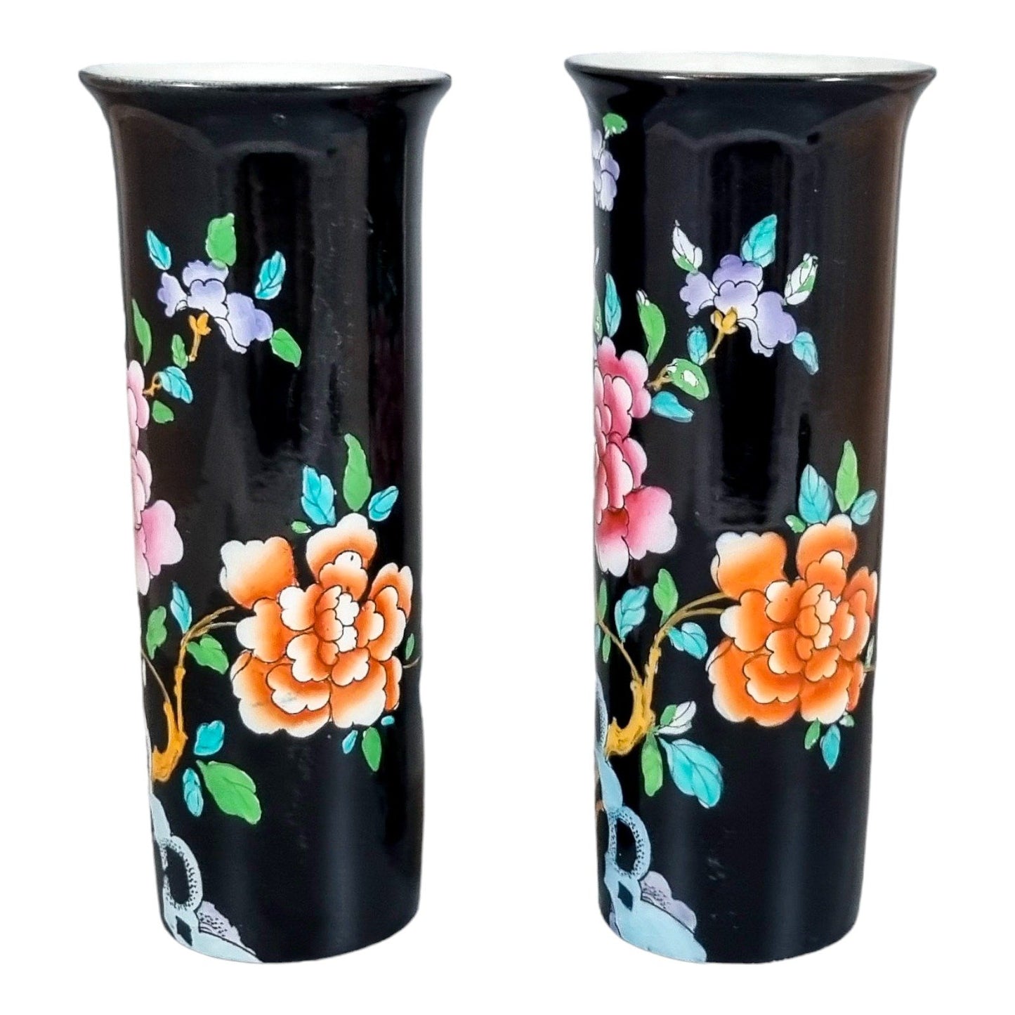 Edwardian Wood & Sons "Sheraton" Chinoiserie polychrome blossom tree cylinder pair of vases