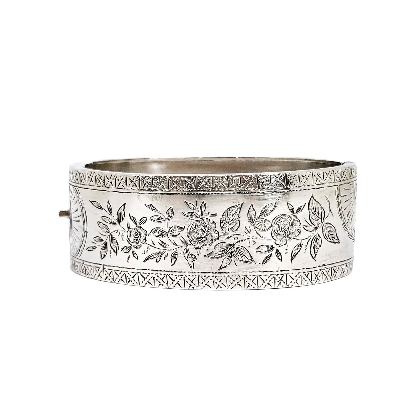 Large Victorian sterling silver Aesthetic cuff bangle / wide bracelet engraved with roses