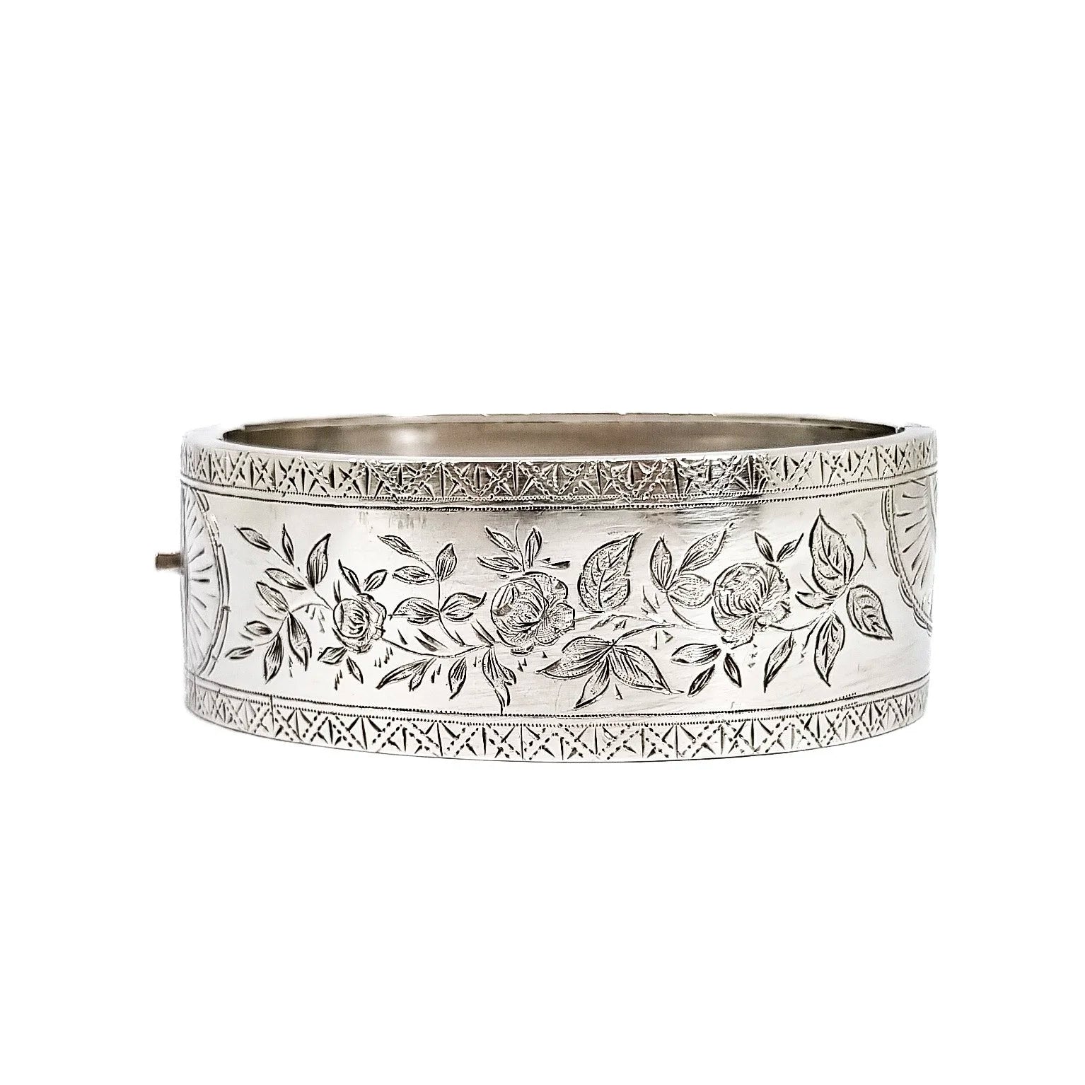 Large Victorian sterling silver Aesthetic cuff bangle / wide bracelet engraved with roses