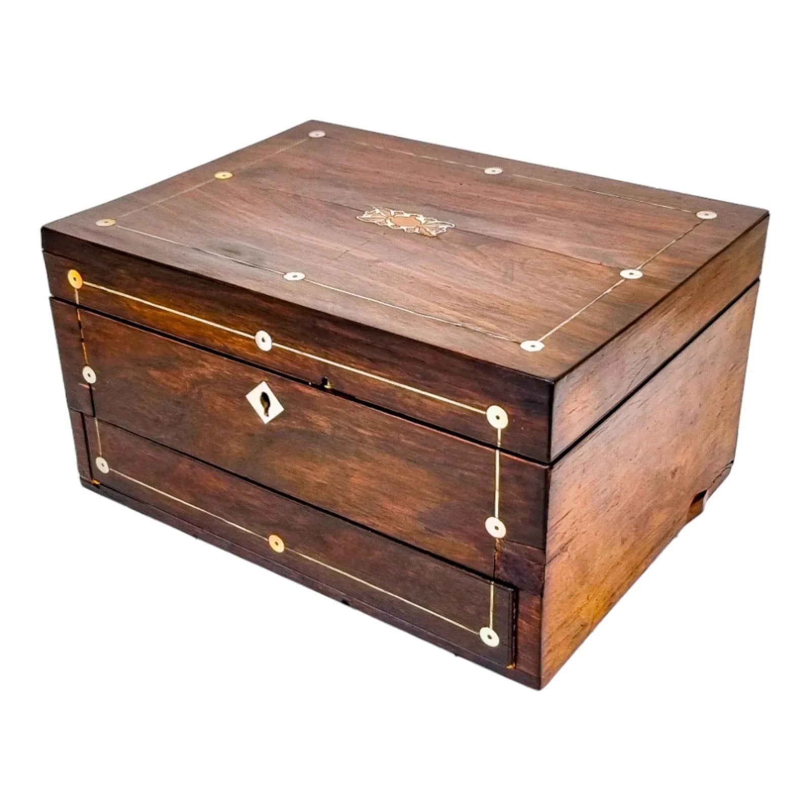 Victorian rosewood jewellery case/ lady's work box inlaid with mother-of-pearl