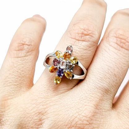2ct multicolour sapphire 9ct white gold cluster ring, six-colour floral design, N 1/2