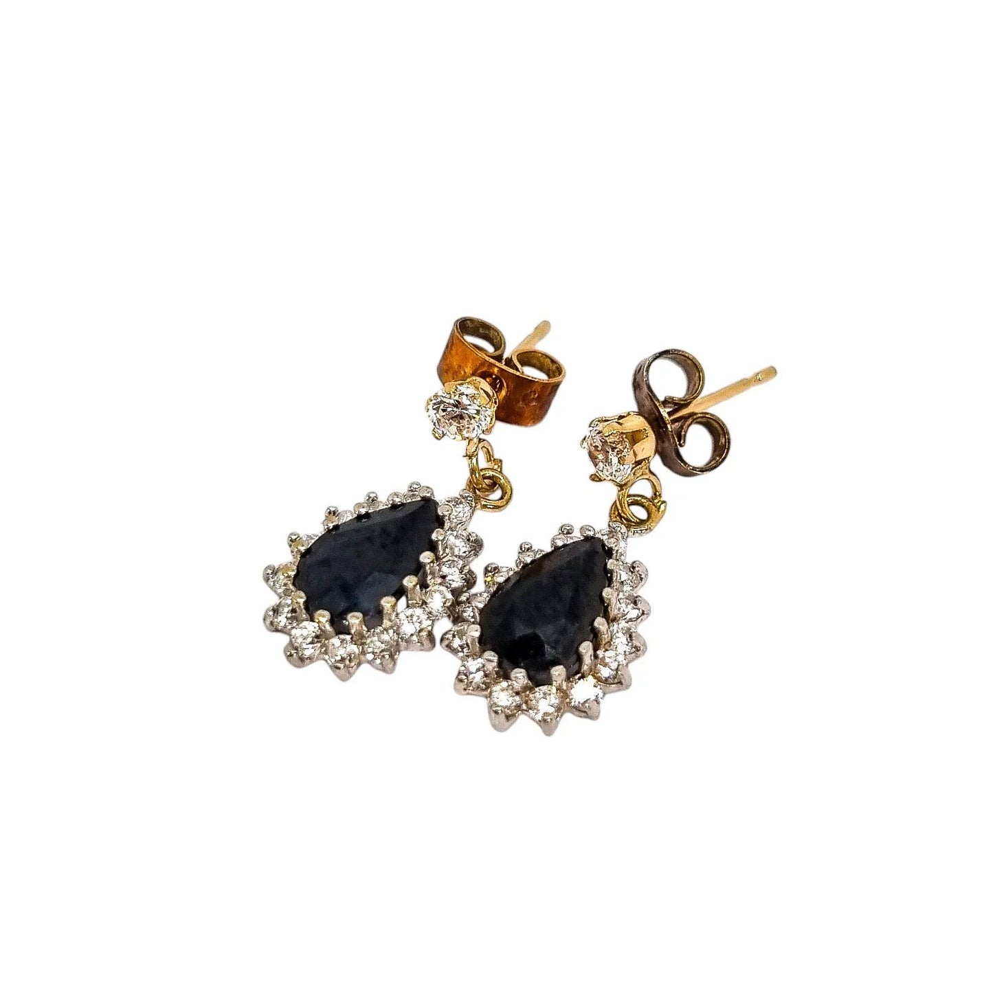 Elegant 9ct yellow gold teardrop sapphire dangle cluster halo earrings and pendant set