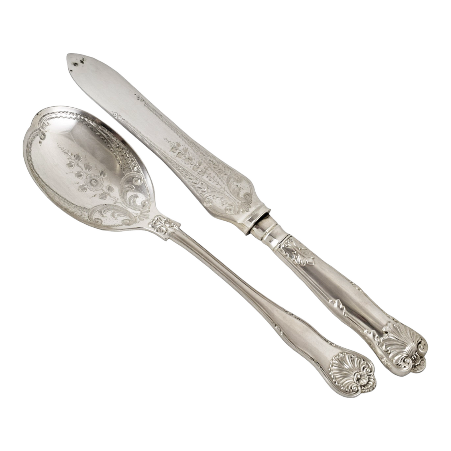 Victorian Queens silver plate 16 piece 6 person fish cutlery set, 4 servers in oak canteen