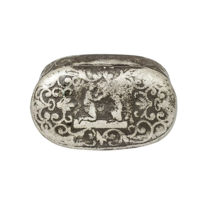 18th century Continental pewter snuff box engraved with scrolls and figures