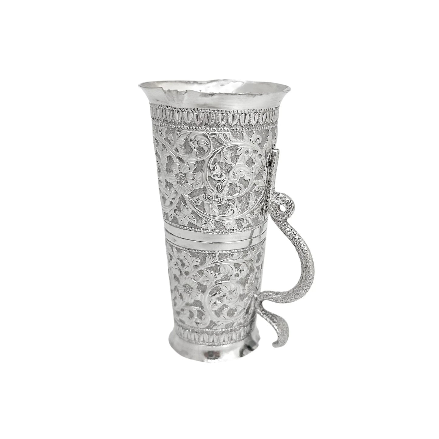 Indian Kutch silver double spirit measure cup with snake handle and flower embossing