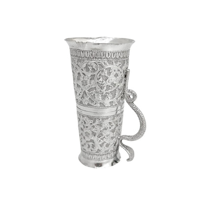 Indian Kutch silver double spirit measure cup with snake handle and flower embossing