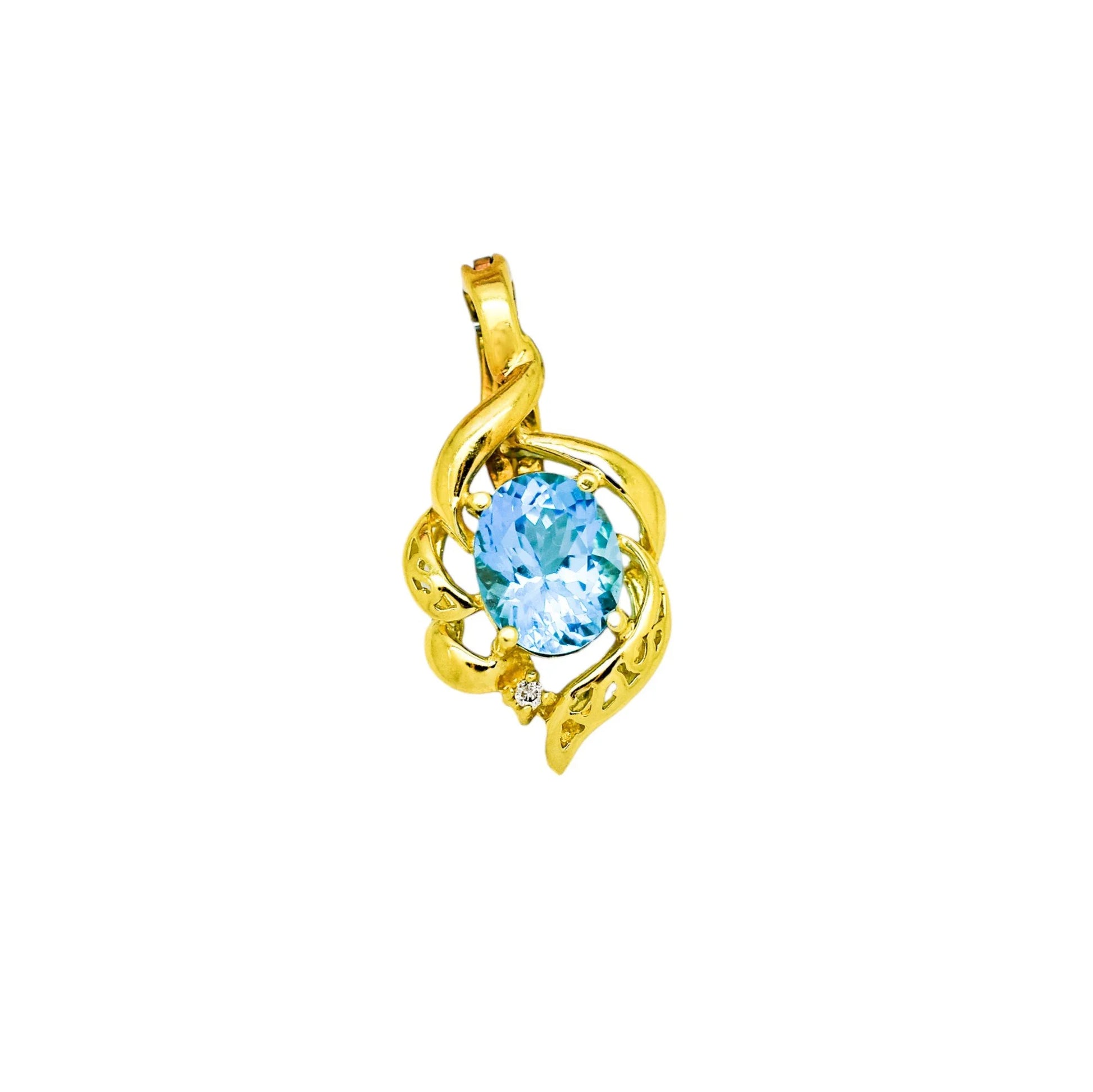 Vintage 14ct yellow gold blue topaz & diamond openwork scrolling pendant