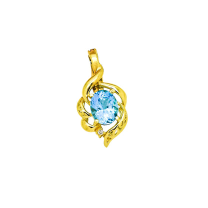 Vintage 14ct yellow gold blue topaz & diamond openwork scrolling pendant