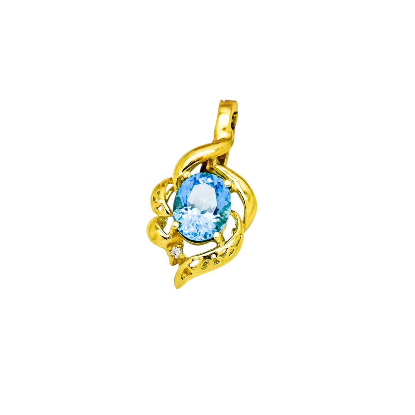 Vintage 14ct yellow gold blue topaz & diamond openwork scrolling pendant