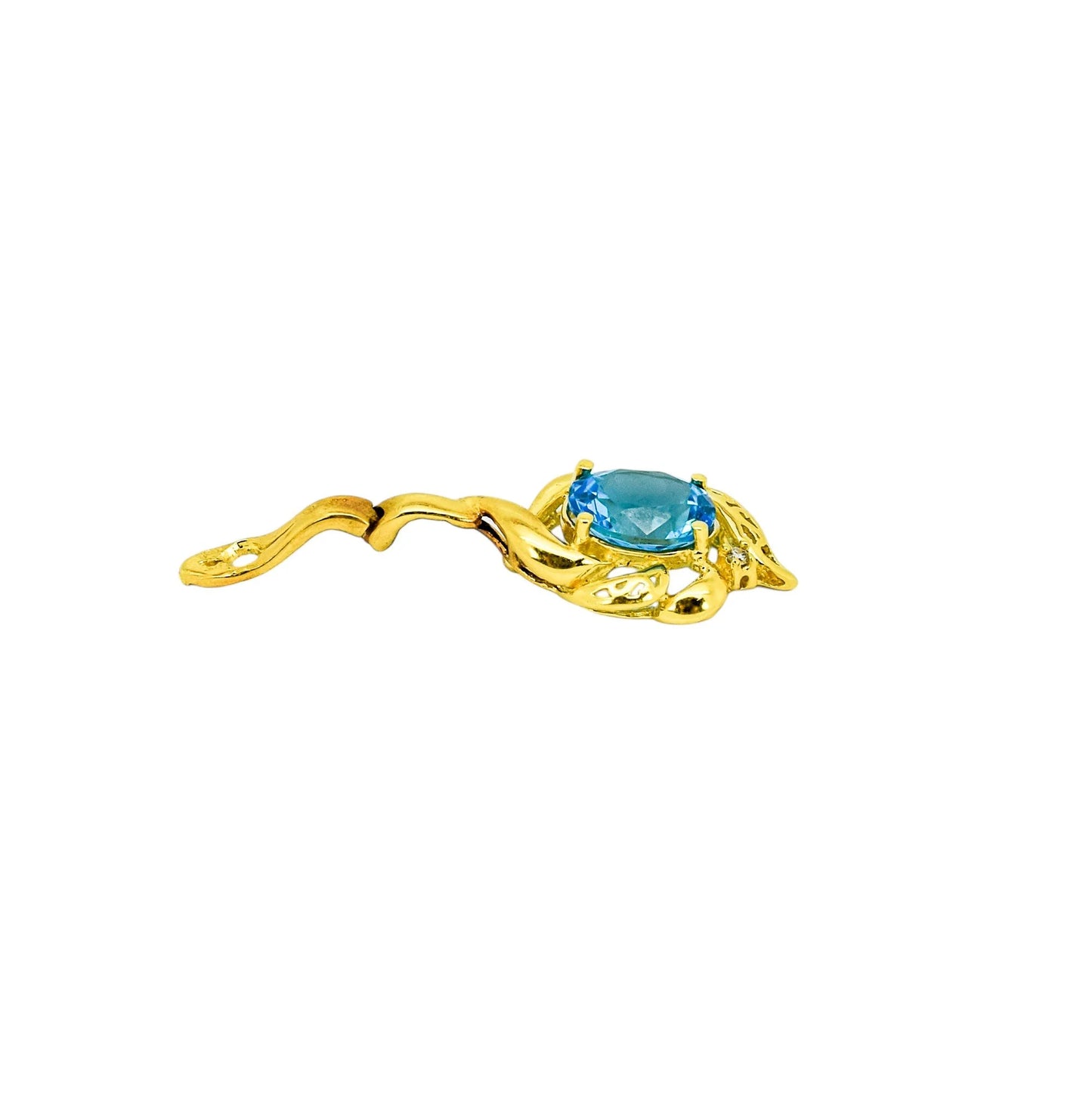Vintage 14ct yellow gold blue topaz & diamond openwork scrolling pendant