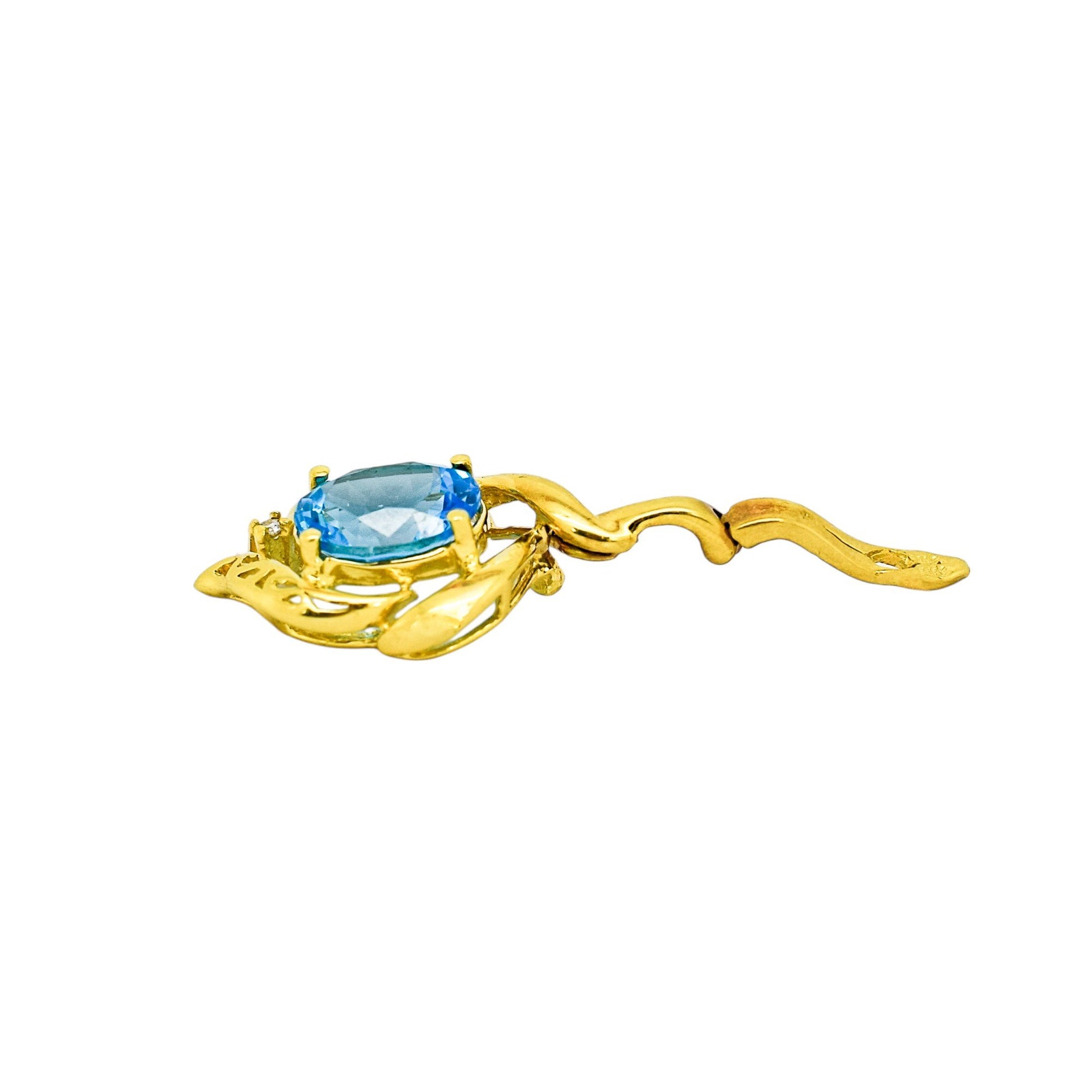 Vintage 14ct yellow gold blue topaz & diamond openwork scrolling pendant