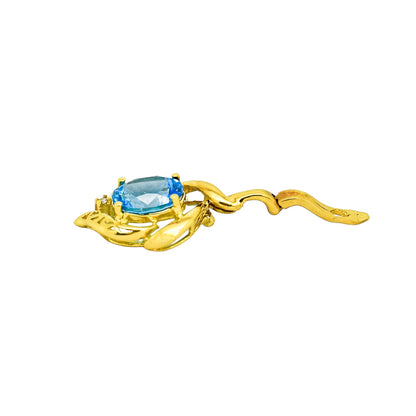 Vintage 14ct yellow gold blue topaz & diamond openwork scrolling pendant