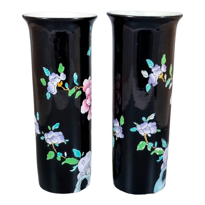 Edwardian Wood & Sons "Sheraton" Chinoiserie polychrome blossom tree cylinder pair of vases