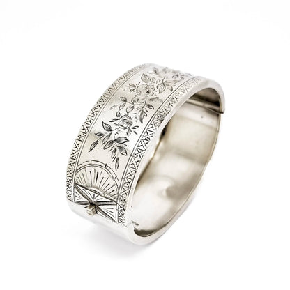 Large Victorian sterling silver Aesthetic cuff bangle / wide bracelet engraved with roses