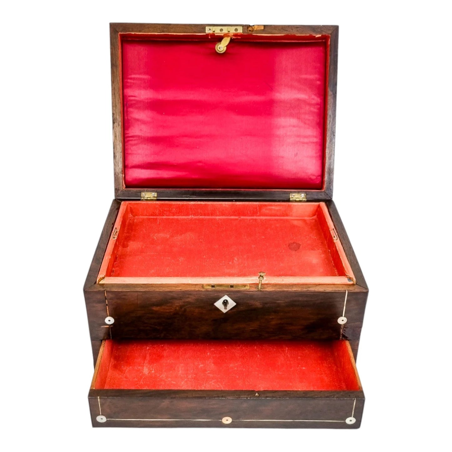 Victorian rosewood jewellery case/ lady's work box inlaid with mother-of-pearl