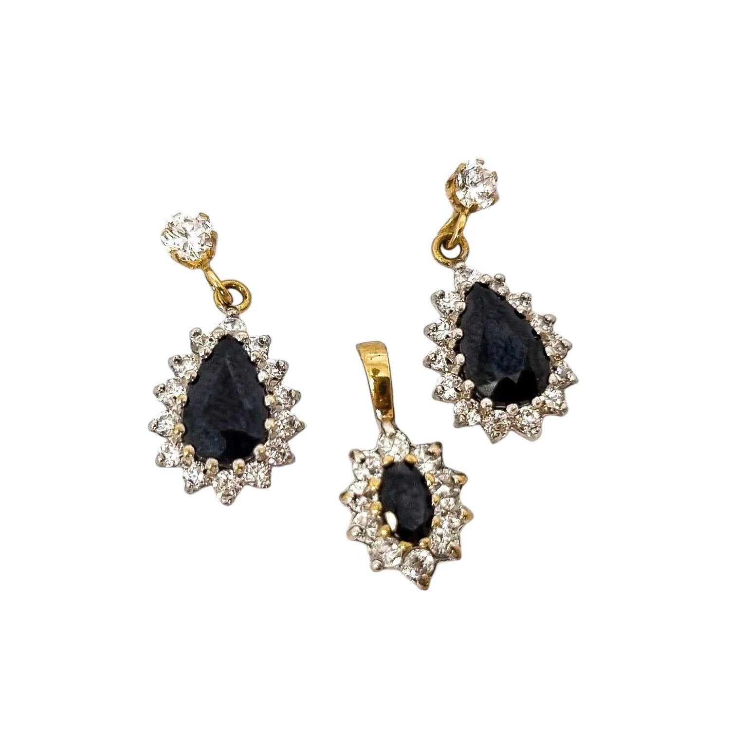 Elegant 9ct yellow gold teardrop sapphire dangle cluster halo earrings and pendant set