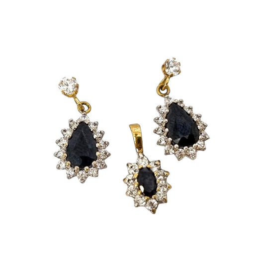 Elegant 9ct yellow gold teardrop sapphire dangle cluster halo earrings and pendant set
