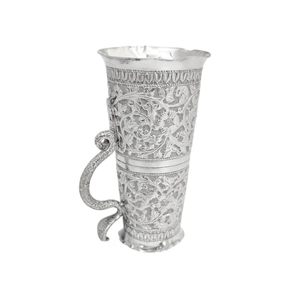 Indian Kutch silver double spirit measure cup with snake handle and flower embossing