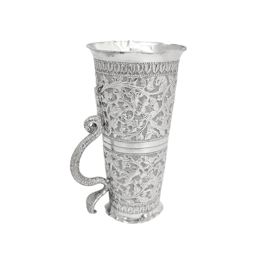 Indian Kutch silver double spirit measure cup with snake handle and flower embossing