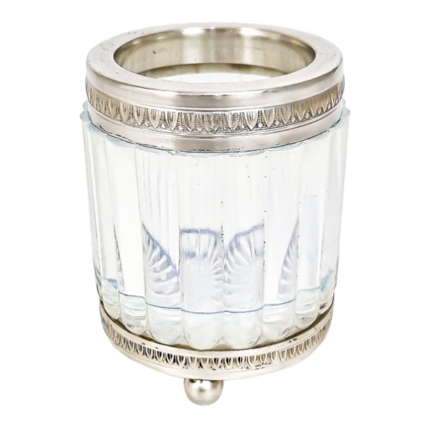 1890's French blue opalescent glass silver plated dressing table pot
