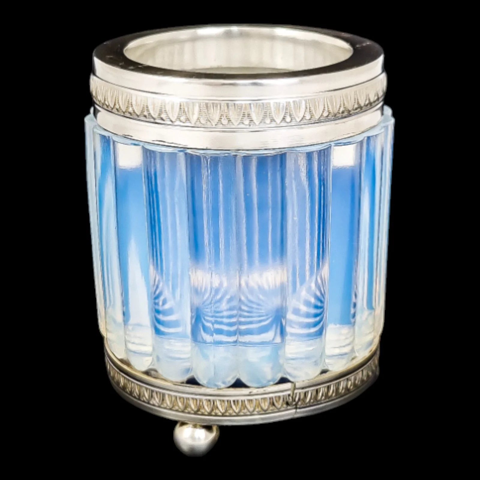 1890's French blue opalescent glass silver plated dressing table pot