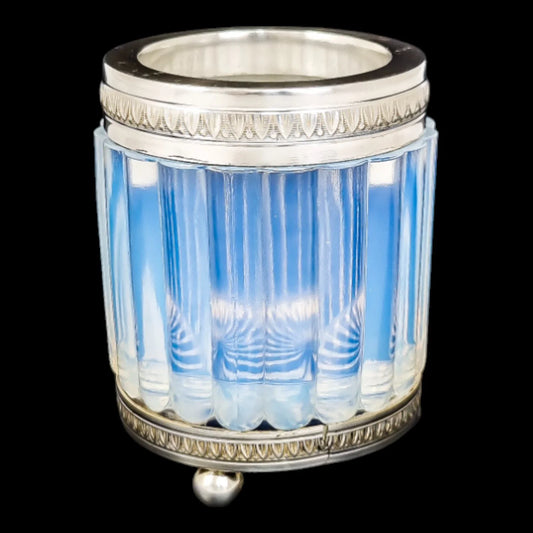 1890's French blue opalescent glass silver plated dressing table pot