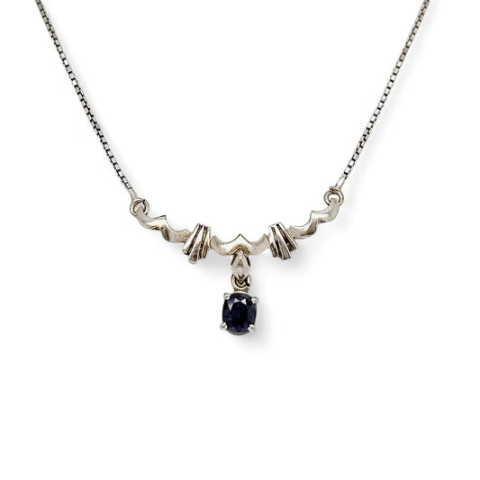 18ct white gold Art Deco Italian necklace with 0.50 ct oval sapphire and sculptural fluted centre, hallmarked 750