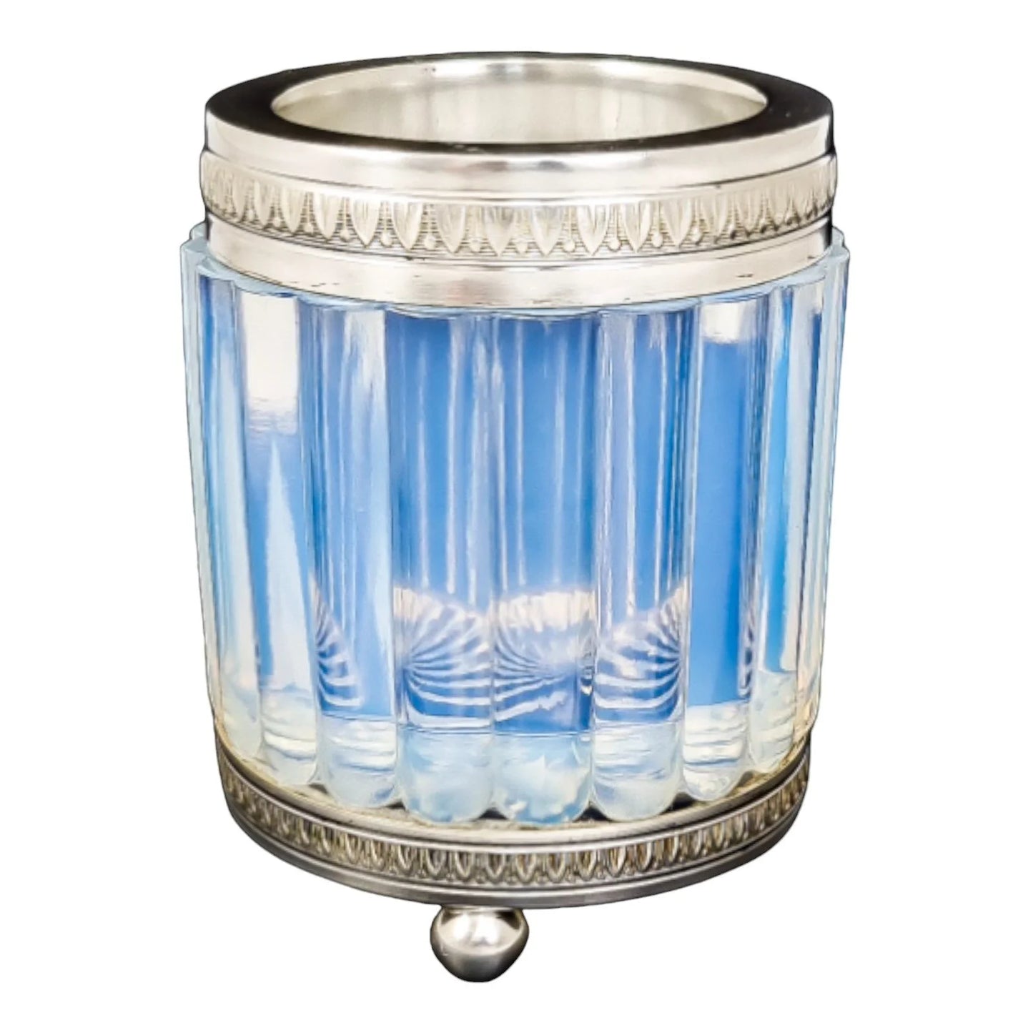 1890's French blue opalescent glass silver plated dressing table pot