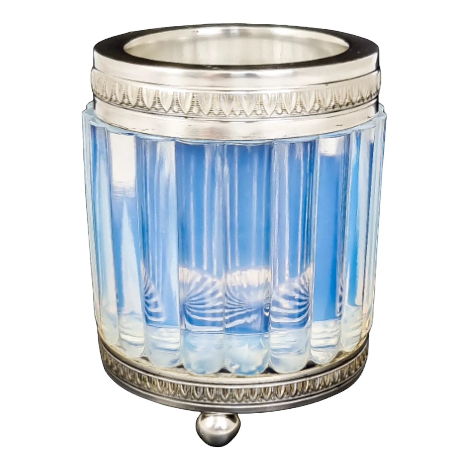 1890's French blue opalescent glass silver plated dressing table pot