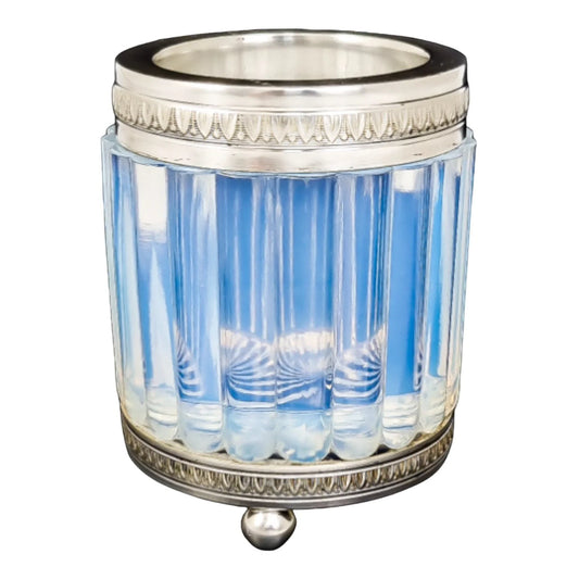 1890's French blue opalescent glass silver plated dressing table pot