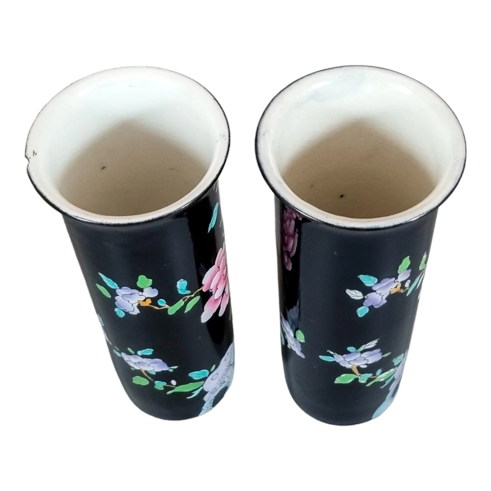Edwardian Wood & Sons "Sheraton" Chinoiserie polychrome blossom tree cylinder pair of vases