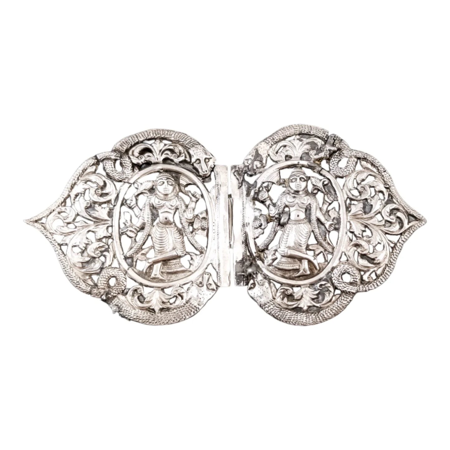 Indian / Burmese Colonial silver belt buckle with deities, snakes and foliage